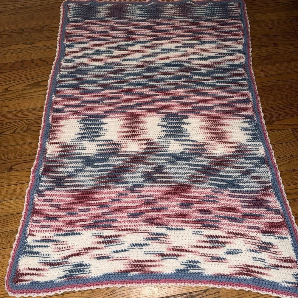 Handmade crochet afghan / throw blanket Pink Blue White Approximately 57.5x40.5